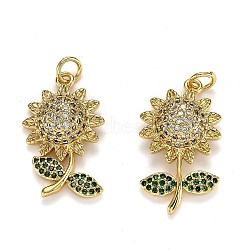 5Pcs Brass Micro Pave Cubic Zirconia Pendants, Long-Lasting Plated, with Jump Ring, Sunflower, Clear & Green, Real 18K Gold Plated, 25x14x6.5mm, Hole: 3mm(ZIRC-SZ0003-09)