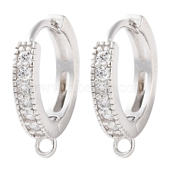 Anti-Tarnish Rhodium Plated 925 Sterling Silver Huggie Hoop Earring Findings, with Loop and Cubic Zirconia, Real Platinum Plated, 17.5x3mm, Hole: 1.6mm, Pin: 0.8mm(X-STER-C010-01P)