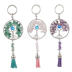 3Pcs 3 Styles Tree of Life Alloy Natural Amethyst & Green Aventurine & Rose Quartz & Synthetic Moonstone Keychain, Faux Suede Tassel Keychain with Iron Ring, 15.5cm, 1pc/style(KEYC-JKC00987)