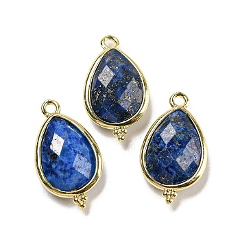 Natural Lapis Lazuli Faceted Pendants, Rack Plating Golden Plated Brass Teardrop Charms, 21x12x5mm, Hole: 1.6mm