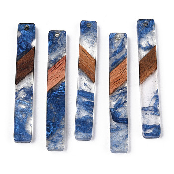 Transparent Resin & Walnut Wood Big Pendants, Rectangle Charms, Royal Blue, 51.5x7.5x3.5mm, Hole: 1.8mm