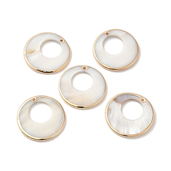 Electroplated Natural Freshwater Shell Pendants with Golden Plated Brass Edge, Flat Round Charms, WhiteSmoke, 30x2~2.5mm, Hole: 1.4mm