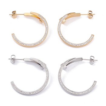 Ion Plating(IP) 304 Stainless Steel Stud Earrings, Half Hoop Earrings with Rhinestone, Mixed Color, 32.5x32x2~7mm, Pin: 0.8mm