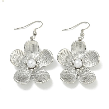 304 Stainless Steel with ABS Plastic Pearl Dangle Earrings, Polished, Flower, Stainless Steel Color, 50x28mm