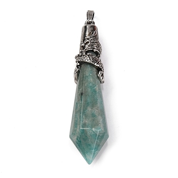 Natural Amazonite Pointed Big Pendants, Faceted Bullet Charms with Rack Plating Antique Silver Tone Alloy Dragon Wrapped, Cadmium Free & Lead Free, 67.5x16.5x16.5mm, Hole: 7x4.5mm