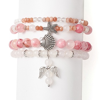 4Pcs 4 Style Natural Mixed Gemstone Beaded Stretch Bracelets Set, Shell & Starfish & Fairy Alloy Charms Stackable Bracelets for Women, Inner Diameter: 2~2-1/4 inch(5.2~5.6cm), 1Pc/style