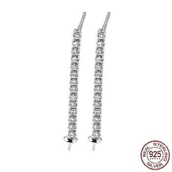 Rhodium Plated 925 Sterling Silver Micro Pave Clear Cubic Zirconia Stud Earring Findings, for Half Drilled Beads, with S925 Stamp, Real Platinum Plated, 27.5x2mm, Pin: 10.5x0.7mm and 0.7mm
