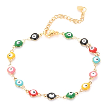 304 Stainless Steel Link Bracelets, with Enamel and Lobster Claw Clasps, Evil Eye, Colorful, Golden, 7-5/8 inch(19.5cm)