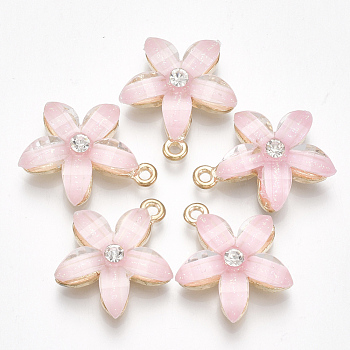 Alloy Pendants, with Resin and Rhinestone, Flower, Crystal, Light Gold, Pink, 21.5x18.5x5mm, Hole: 1.5mm