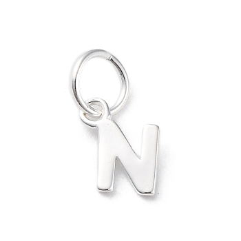 925 Sterling Silver Letter Charms, with Jump Rings and 925 Stamp, Silver Color Plated, Letter N, 7.5x6.5x0.8mm, Hole: 4mm