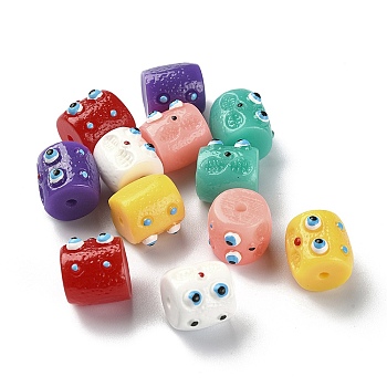 Opaque Resin Beads, Column with Enamel Cartoon Face, Mixed Color, 13x12x13.5mm, Hole: 1.8mm