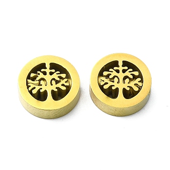 Ion Plating(IP) 304 Stainless Steel Beads, Flat Round with Tree, Real 18K Gold Plated, 10x3mm, Hole: 1.8mm