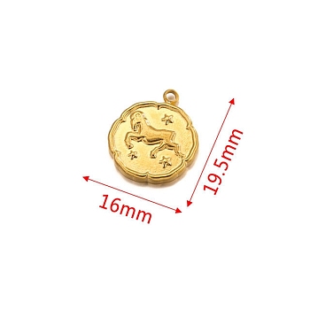 Stainless Steel Pendant, Golden, Flat Round with Constellation Charm, Aries, 19.5x16mm