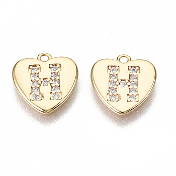 Brass Micro Pave Clear Cubic Zirconia Charms, Nickel Free, Real 18K Gold Plated, Flat Heart, Letter.H, 10x10x1mm, Hole: 1mm