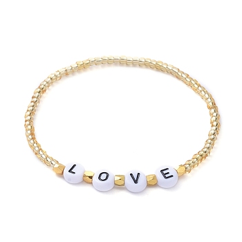 Glass Seed Beads Stretch Bracelets, for Valentine's Day, with Acrylic Beads and Golden Plated Brass Spacer Beads, Word Love, Gold, Inner Diameter: 2-1/4 inch(5.6cm)