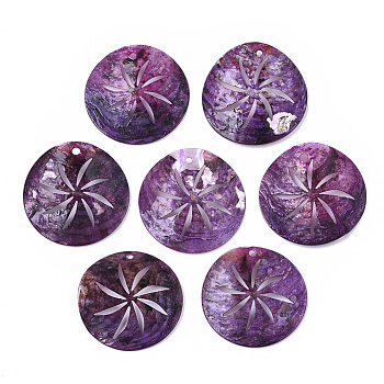 Natural Akoya Shell Pendants, Mother of Pearl Shell Pendants, Dyed, 
Flat Round, Dark Orchid, 33x5~7mm, Hole: 1.6~2mm
