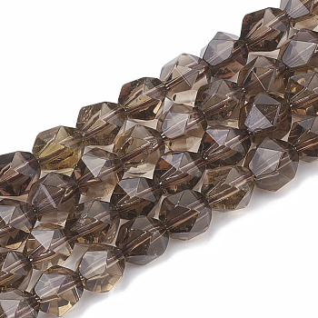 Natural Smoky Quartz Beads Strands, Star Cut Round Beads, Faceted, 8~10x7~8mm, Hole: 1mm, about 45~48pcs/strand, 14.2~14.6 inch