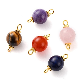 Mixed Stone Links Connectors,  with Golden Tone Brass Eye Pin and Alloy Spacer Beads, Round, 19x10mm, Hole: 2mm