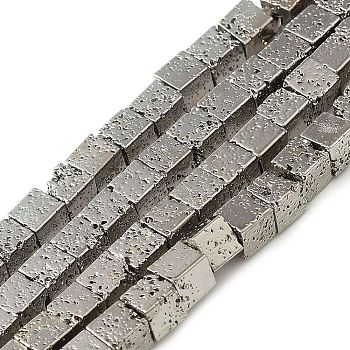 Electroplated Natural Lava Rock Beads Strands, Cube, Platinum Plated, 4~4.5x4x4mm, Hole: 1.2mm, about 93pcs/strand, 15.75 inch(40cm)