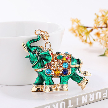 Alloy Rhinestone Keychains, Enamel Style, Elephant Pendant Keychain, Medium Sea Green, 11cm