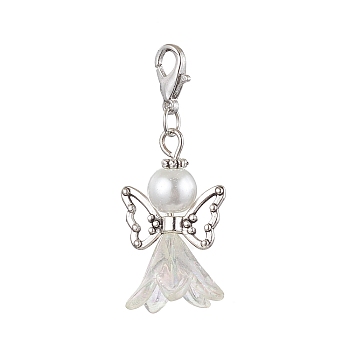 Wedding Season Angel Glass Pearl & Acrylic Pendant Decorations, Zinc Alloy Lobster Claw Clasps Charms for Bag Key Chain Ornaments, White, 43mm, Pendant: 29.5x18x16mm