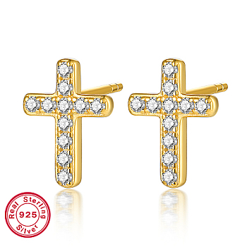 925 Sterling Silver Rhinestone Stud Earrings, Real 18K Gold Plated, with with S925 Stamp, Cross, 10x8mm