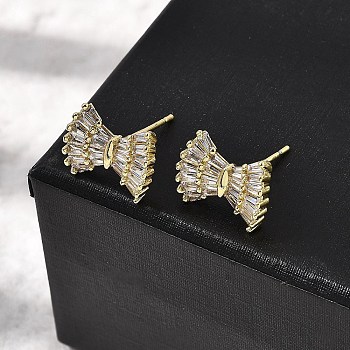 Brass Clear Cubic Zirconia Bowknot Stud Earrings, Cadmium Free & Lead Free, Long-Lasting Plated, Rack Plating, Real 18K Gold Plated, 11x13.5mm