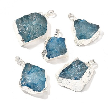 Raw Rough Natural Dyed Quartz Crystal Pendants, Nuggets Charms, with Brass Findings, Silver Color Plated, Steel Blue, 21~45x18~39x8~19mm, Hole: 7x4.5mm