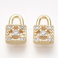 Brass Cubic Zirconia Charms, Padlock, Nickel Free, Real 18K Gold Plated, Clear, 7x5x2mm, Hole: 1.6mm(KK-S350-376)