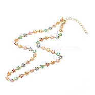 Brass Enamel Link Chain Necklaces, with 304 Stainless Steel Lobster Claw Clasps, Flower, Colorful, 40.5cm(NJEW-JN03554)