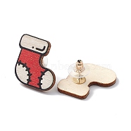 Christmas Printed Wooden Stud Earrings, with 316 Stainless Steel Pins for Women, Christmas Socking, 22.5x23mm, Pin: 0.7mm(EJEW-D046-02)