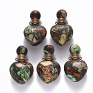 Heart Assembled Natural Bronzite and Synthetic Imperial Jasper Openable Perfume Bottle Pendants, with Brass Findings, Dyed, Medium Sea Green, Capacity: 1ml(0.03 fl. oz), 37.5~38.5x22x13mm, Hole: 1.8mm(G-R484-01C)