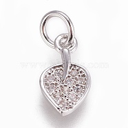 Brass Micro Pave Cubic Zirconia Charms, Leaf, Clear, Platinum, 11x6.5x1.5mm, Hole: 3mm(ZIRC-E145-79P)