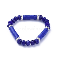 Stretch Bracelets, with Polymer Clay Heishi Beads, Imitation Jade Faceted Glass Beads and Brass Rhinestone Beads, Blue, Inner Diameter: 2-1/4 inch(5.7cm)(BJEW-JB05195-01)