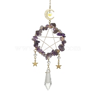 Wire Wrapped Natural Amethyst Chips & Brass Ring Pendant Decoration, with Glass Cone Charm, for Home Hanging Decoration, Moon & Star, 310~312mm, Hole: 8mm(HJEW-TA00083-02)