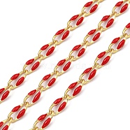 Ion Plating(IP) Brass Dapped Chains, Cable Chains with Enamel, Real 18K Gold Plated, Soldered, with Spool, Flat Oval, Red, 7x3x1.3mm, about 32.81 Feet(10m)/Roll(CHS-K018-14A-14)