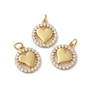Rack Plating Brass Pave Cubic Zirconia Pendants, Lead Free & Cadmium Free, Real 18K Gold Plated, Long-Lasting Plated, Flat Round with Heart Pattern Charm, Clear, 15.5x13.5x3mm, Hole: 3.4mm(KK-O142-32G)