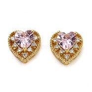 Brass Micro Pave Cubic Zirconia Beads, Real 18K Gold Plated, Heart, Pink, 10x10.5x7mm, Hole: 2mm(KK-D093-06G-02)