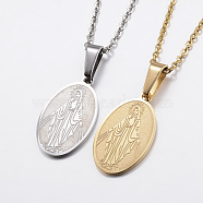 304 Stainless Steel Pendant Necklaces, Oval with Virgin Mary, Mixed Color, 17.7 inch(45cm), 1.5mm(NJEW-J053-29)