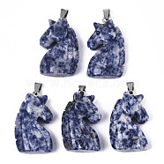 Carved Natural Sodalite Pendants, with Stainless Steel Bails, Unicorn, Stainless Steel Color, 38~41x11~14x24~25mm, Hole: 9x4mm(G-N0327-002F)