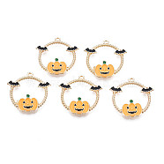 Halloween Alloy Enamel Pendants, Cadmium Free & Nickel Free & Lead Free, Ring with Pumpkin & Bat, Light Gold, Sandy Brown, 25x24.5x2mm, Hole: 1.2mm(ENAM-N055-092)