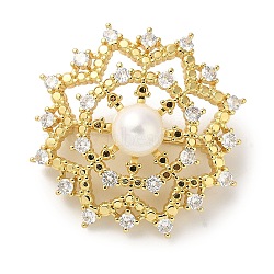 Rack Plating Brass Pave Clear Cubic Zirconia Flower Brooches, with ABS Imitation Pear Beads, Real 18K Gold Plated, 39mm(KK-S391-04G)