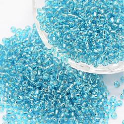 8/0 Transparent Glass Round Seed Beads, Grade A, Silver Lined, Deep Sky Blue, 2.8~3.2mm, Hole: 1.0mm, about 15000pcs/pound(SEED-J010-F8-23)
