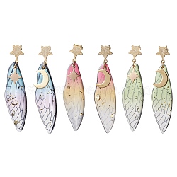 3 Pairs 3 Style Moon & Star Alloy Asymmetrical Earrings, Resin Wings Dangle Stud Earrings, Mixed Color, 63x16mm, 1 Pair/style(EJEW-TA00413)