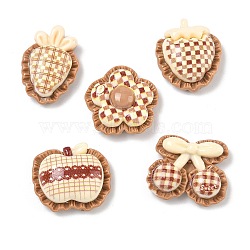Tartan Pattern Opaque Resin Cabochons, Strawberry/Apple/Cherry/Flower/Carrot, Camel, 21~25.5x18~25x8~10mm(RESI-F067-04)