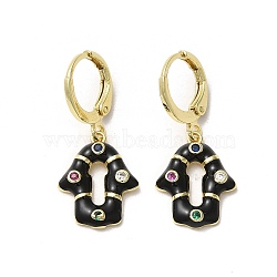 Hamsa Hand Real 18K Gold Plated Brass Dangle Hoop Earrings, with Cubic Zirconia and Enamel, Black, 29x13mm(EJEW-L268-040G-01)