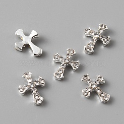 Alloy Rhinestone Cabochons, Nail Art Decoration Accessories, Cross, Silver, 8.8x7x2.4mm(MRMJ-WH0079-50S)