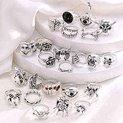 Alloy Skull Finger Rings Sets for Women, Antique Silver, US Size 6~8(16.5~18.1mm), 24pcs/set(PW-WG6A396-01)