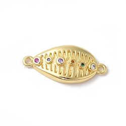 Rack Plating Brass Pave Colorful Cubic Zirconia Shell Shaped Connector Charms, Long-Lasting Plated, Cadmium Free & Lead Free, Real 18K Gold Plated, 21x10x4mm, Hole: 1mm(KK-Z056-30G)