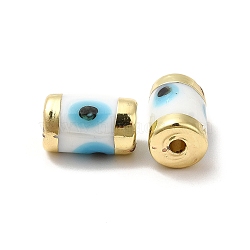 Handmade Evil Eye Lampwork Beads, with Light Gold Tone Brass Findings, Long-Lasting Plated, Lead Free and Cadimum Free, Column, White, 14.5~15x9~9.5mm, Hole: 1.8mm(LAMP-M012-01LG-I)